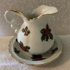 Vintage Lefton Hand Painted Creamer and Saucer with Holly Berries